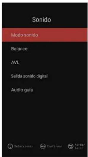 Sonido Modo sonido Balance AVL Salida sonido digital Audio guía Seleccionar Confirmar Atdar/ salir