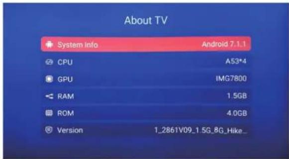About TV System info Android 7.1.1 CPU A53*4 GPU IMG7800 RAM 1.5GB ROM 4.0GB Version 1_2861V09_1.5G_8G_Hike_