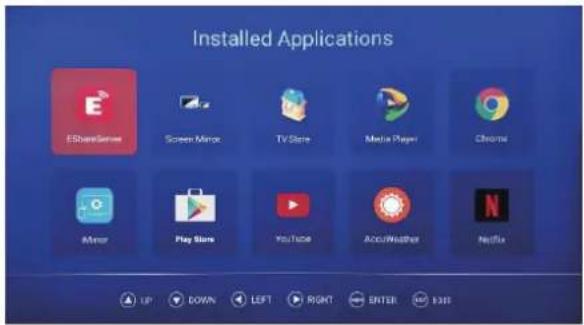 Installed Applications ESboxGame Screen Mirror TV Store Media Player Chrome Minor Play Store YouTube AcqWeather Netflix UP DOWN LEFT RIGHT ENTER 135