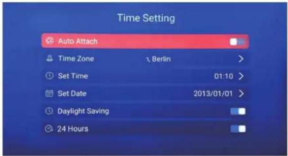 Time Setting Auto Attach Time Zone 1, Berlin > Set Time 01:10 > Set Date 2013/01/01 > Daylight Saving 24 Hours