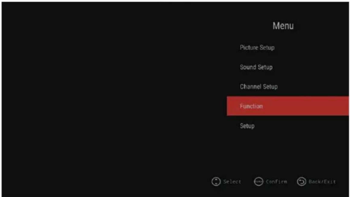 Menu Picture Setup Sound Setup Channel Setup Function Setup Select Confirm Back/Exit