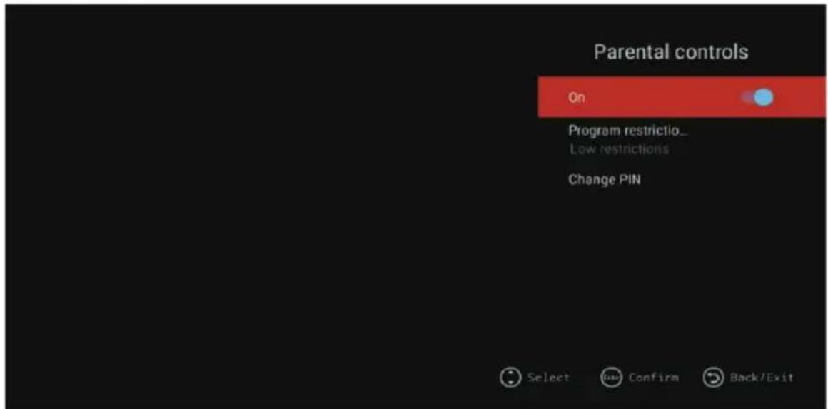 Parental controls On Program restrictio_ Low restrictions Change PIN Select Confirm Back/Exit