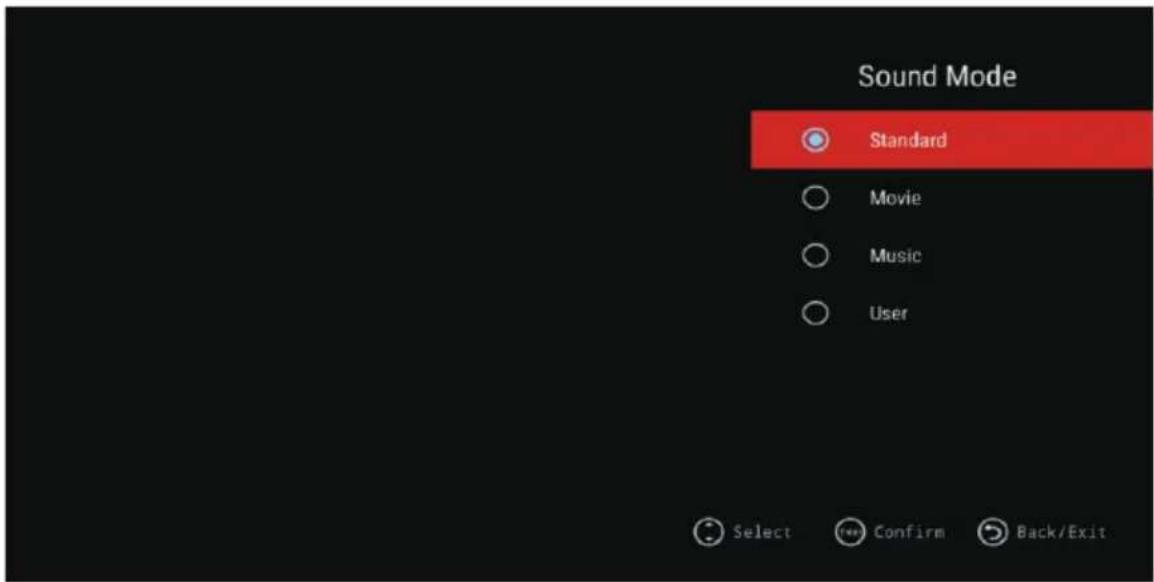 Sound Mode Standard Movie Music User Select Confirm Back/Exit