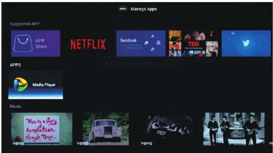 MENU Manage Apps Suggested APP APP Store NETFLIX facebook TED Media Player APPS Music This is story temptation through time- yevo yevo yevo