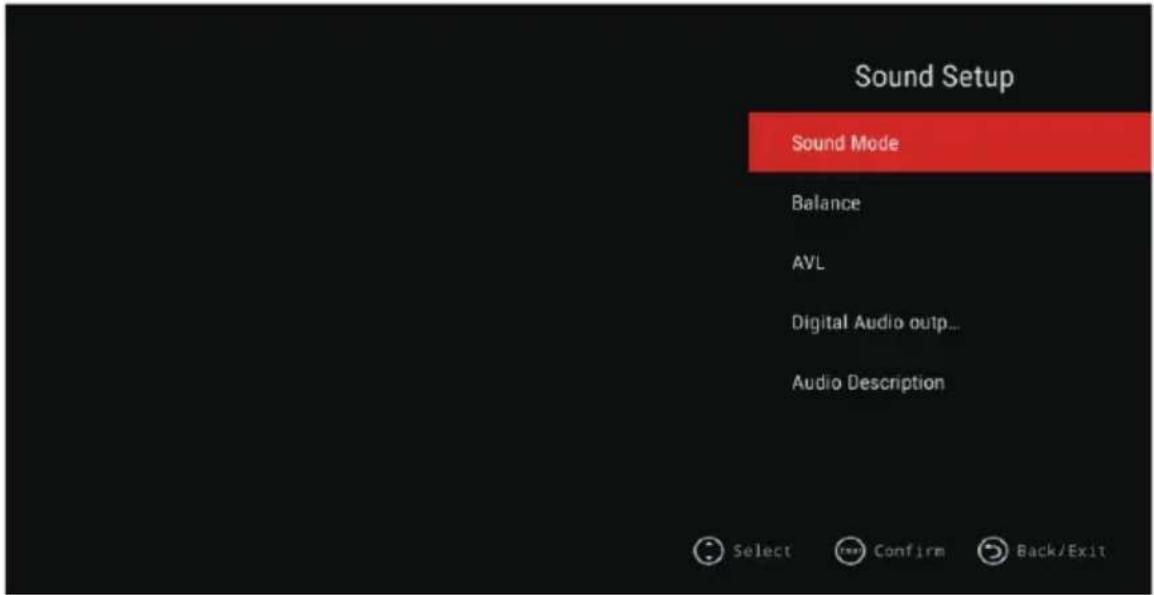 Sound Setup Sound Mode Balance AVL Digital Audio outp... Audio Description Select Confirm Back/Exit
