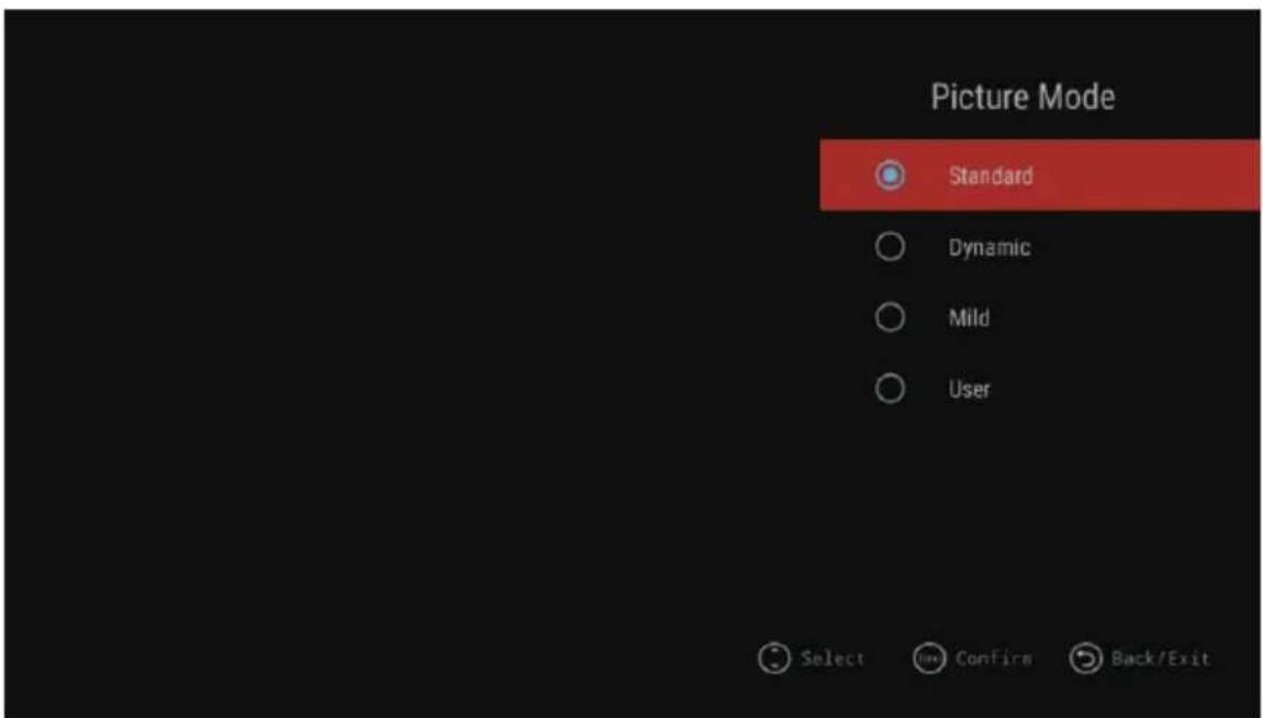 Picture Mode Standard Dynamic Mild User Select Confirn Back/Exit