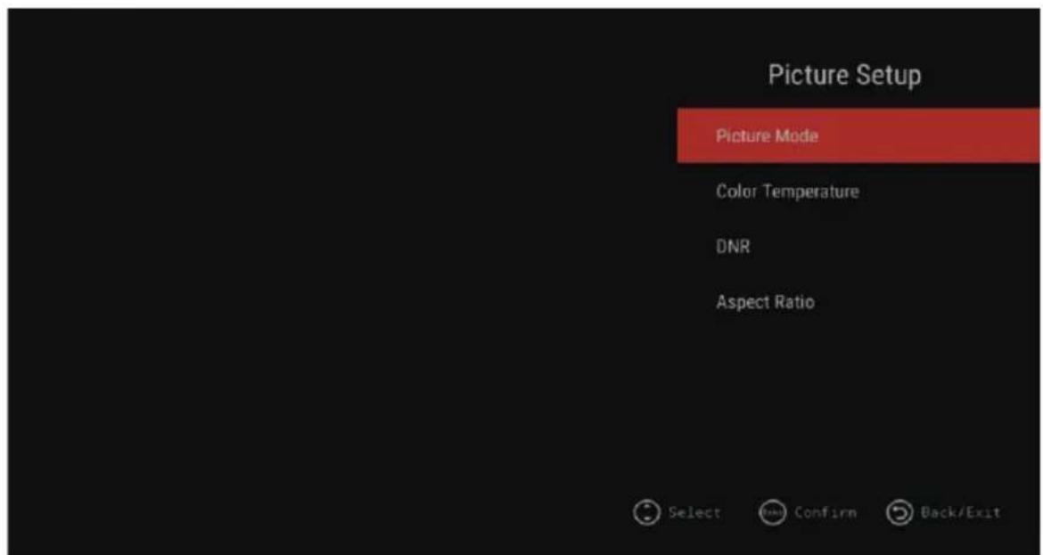 Picture Setup Picture Mode Color Temperature DNR Aspect Ratio Select Confirm Back/Exit