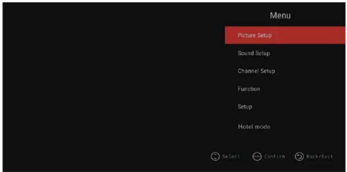 Menu Picture Setup Sound Setup Channel Setup Function Setup Hotel mode Select Make Confirm Back/Exit