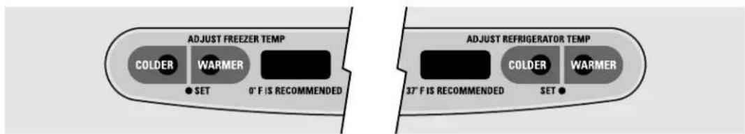 ADJUST FREEZER TEMP COLDER WARMER SET 0° F IS RECOMMENDED ADJUST REFRIGERATOR TEMP 37° F IS RECOMMENDED SET ● COLDER WARMER