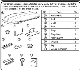 The Cargo box includes the parts listed below. Verify that they are included with the carrier you have purchased. In the event any of these is missing, contact our service center as listed at the end of this manual. NO Parts Qty ① Rooftop Box 1 ② Knob 8 ③ U-Bolt 4 ④ Plate 4 ⑤ Strap 2 ⑥ Strap Hook 2…