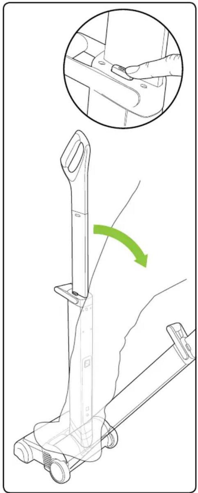 Technical diagram showing a hand operating a vacuum cleaner with a green arrow indicating the motion direction, accompanied by an inset close-up of the component.