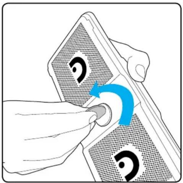 Illustration of hands using a smartphone to adjust a device with a blue curved arrow indicating rotation (no text or symbols present)