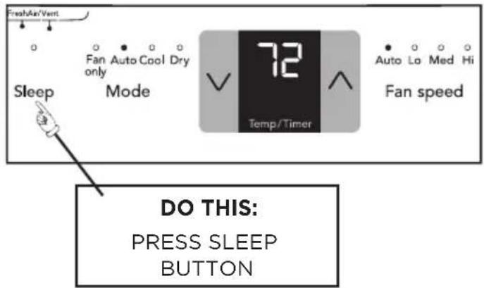 FreshAir/Vert Sleep Fan Auto Cool Dry only Mode 72 Temp/Timer Auto Lo Med Hi Fan speed DO THIS: PRESS SLEEP BUTTON