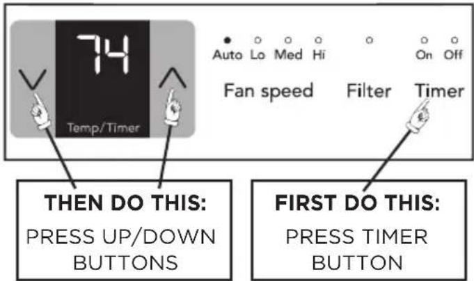 74 Temp/Timer Auto Lo Med Hi On Off Fan speed Filter Timer THEN DO THIS: PRESS UP/DOWN BUTTONS FIRST DO THIS: PRESS TIMER BUTTON