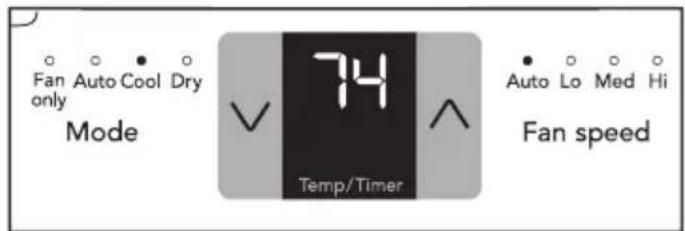 Fan Auto Cool Dry only Mode 74 Temp/Timer Auto Lo Med Hi Fan speed