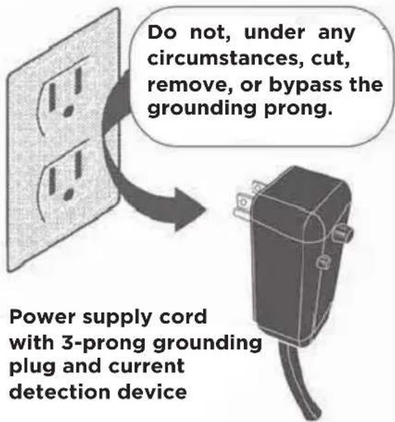 Do not, under any circumstances, cut, remove, or bypass the grounding prong. Power supply cord with 3-prong grounding plug and current detection device