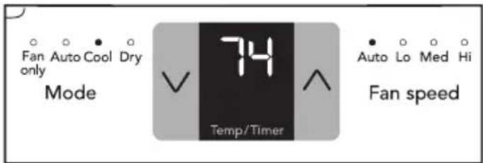 Fan Auto Cool Dry only Mode 74 Temp/Timer Auto Lo Med Hi Fan speed
