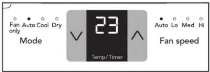 Fan Auto Cool Dry only Mode 23 Temp/Timer Auto Lo Med Hi Fan speed