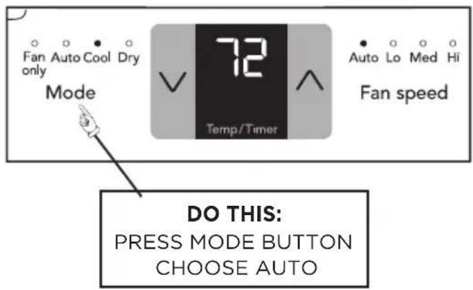 Fan Auto Cool Dry only Mode 72 Temp/Timer Auto Lo Med Hi Fan speed DO THIS: PRESS MODE BUTTON CHOOSE AUTO