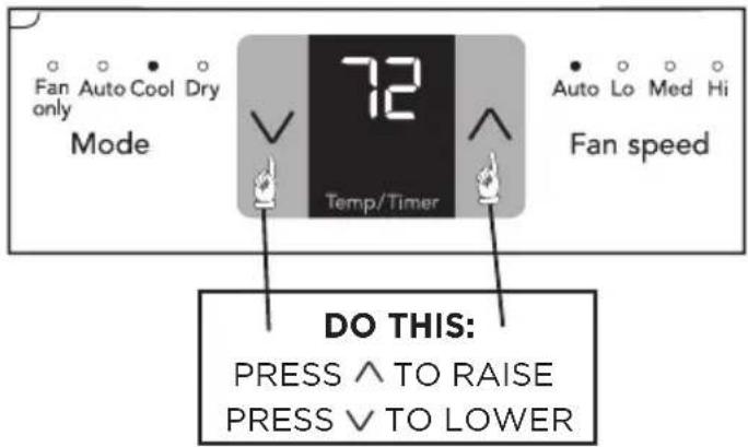 Fan Auto Cool Dry only Mode 72 Temp/Timer Auto Lo Med Hi Fan speed DO THIS: PRESS ^ TO RAISE PRESS ✓ TO LOWER