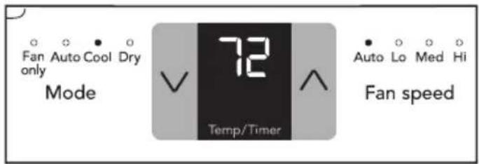 Fan Auto Cool Dry only Mode 72 Temp/Timer Auto Lo Med Hi Fan speed
