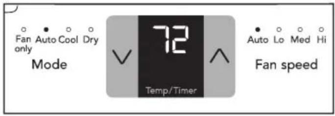 Fan Auto Cool Dry only Mode 72 Temp/Timer Auto Lo Med Hi Fan speed