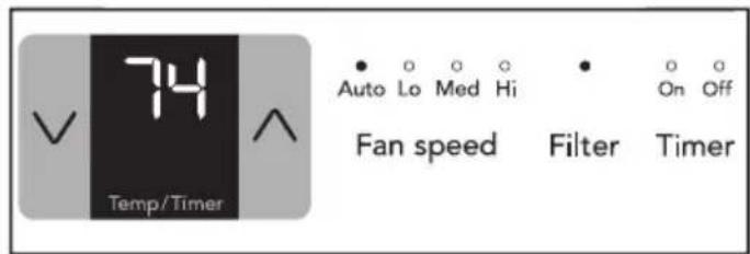 74 Temp/Timer • 0 0 0 Auto Lo Med Hi • 0 0 On Off Fan speed Filter Timer