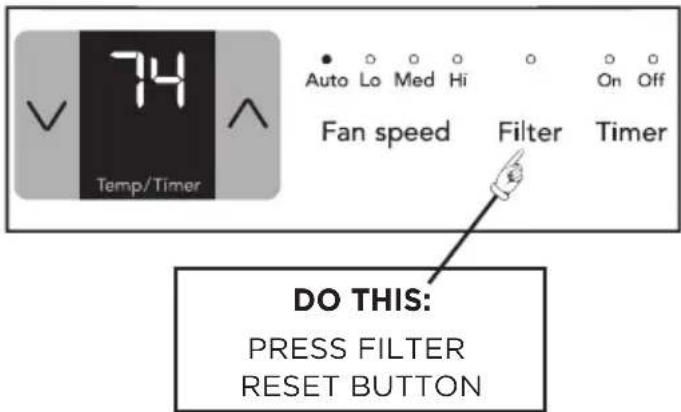 74 Temp/Timer Auto Lo Med Hi On Off Fan speed Filter Timer DO THIS: PRESS FILTER RESET BUTTON