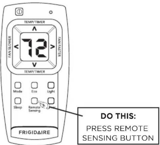 TEMP/TIMER FAN SLOWER 72 FAN FASTER TEMP/TIMER Mode Eco Light Sleep Remote Sensing FRIGIDAIRE DO THIS: PRESS REMOTE SENSING BUTTON