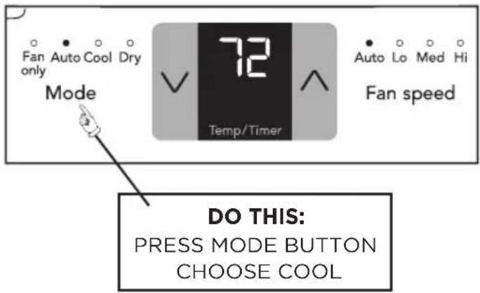 Fan Auto Cool Dry only Mode 72 Temp/Timer Auto Lo Med Hi Fan speed DO THIS: PRESS MODE BUTTON CHOOSE COOL