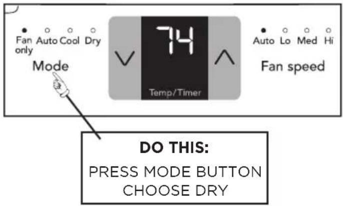 Fan Auto Cool Dry only Mode 74 Temp/Timer Auto Lo Med Hi Fan speed DO THIS: PRESS MODE BUTTON CHOOSE DRY