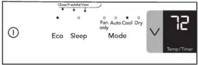 Close/FreshAir/Vent Eco Sleep Fan Auto Cool Dry only only mode 72 Temp/Timer