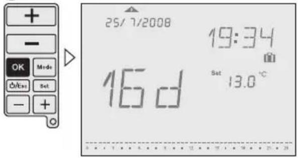 + - OK Mode O/Ves Set - + 25/7/2008 16 d 19:34 Set 13.0 °C
