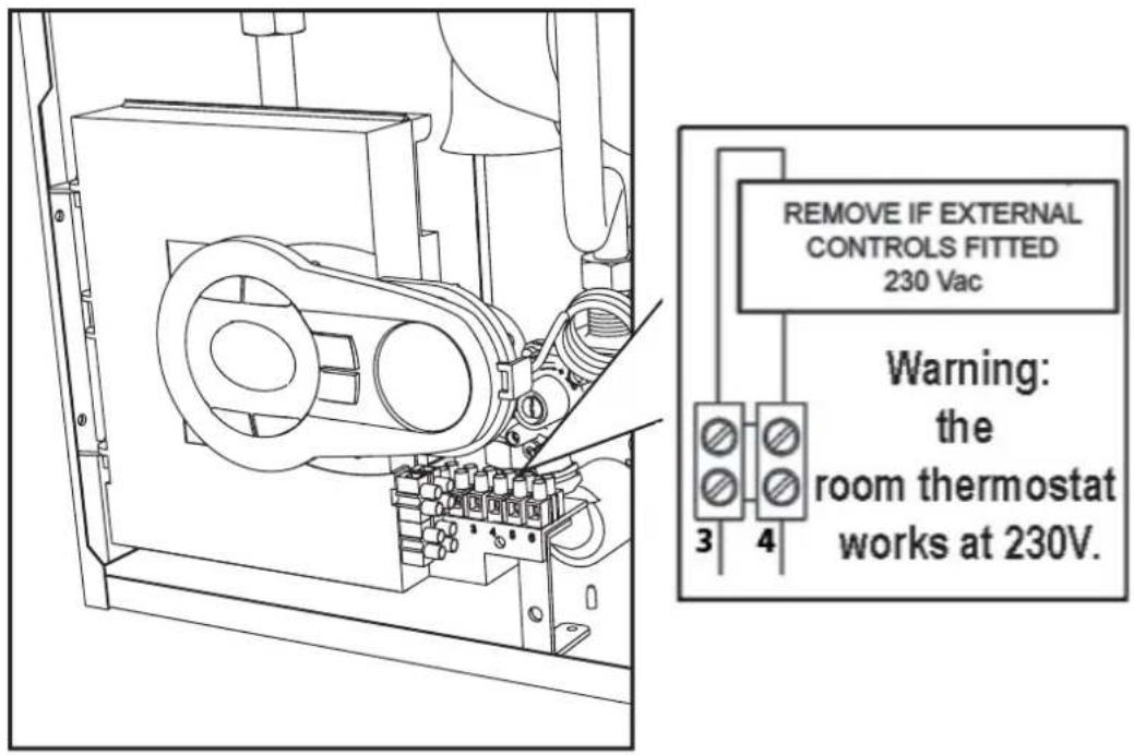 REMOVE IF EXTERNAL CONTROLS FITTED 230 Vac Warning: the room thermostat works at 230V.