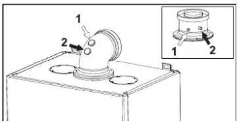 Technical diagram of a mechanical component with labeled parts and an inset showing two views of a flanged housing.