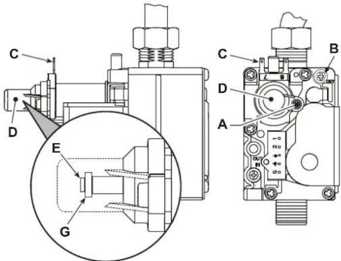 Technical diagram of a mechanical valve assembly with labeled components and cross-sectional view