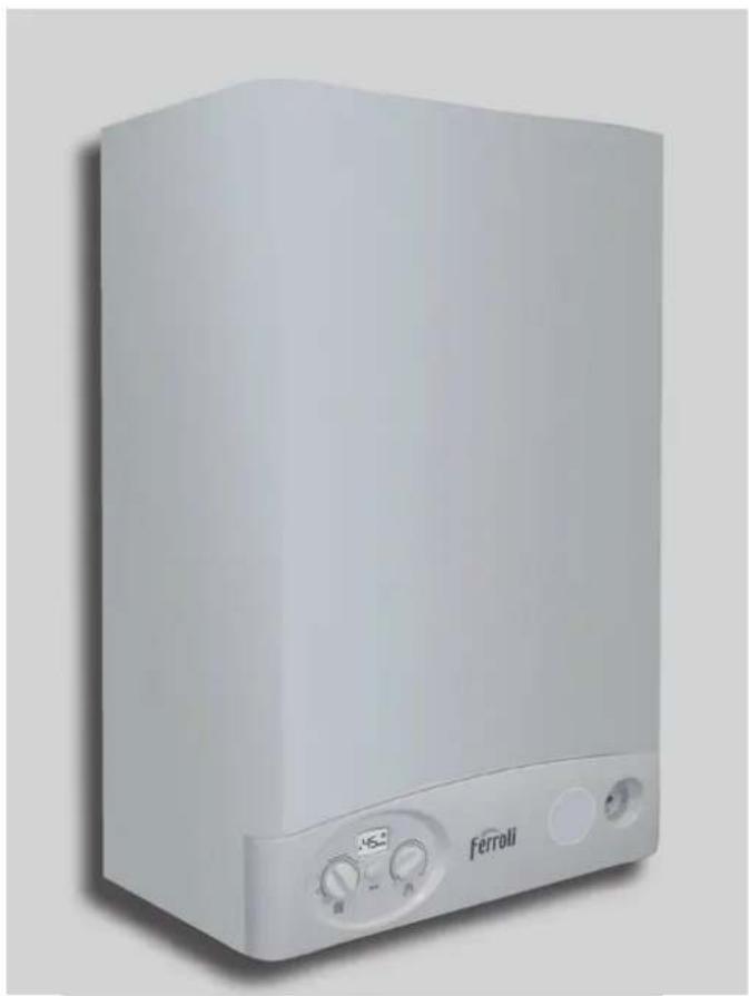 Exterior view of a white Ferroli water heater with control knobs and buttons (no visible text beyond branding)