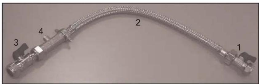 Close-up of a flexible hose with four labeled connectors (1-4) attached, no text or symbols present.