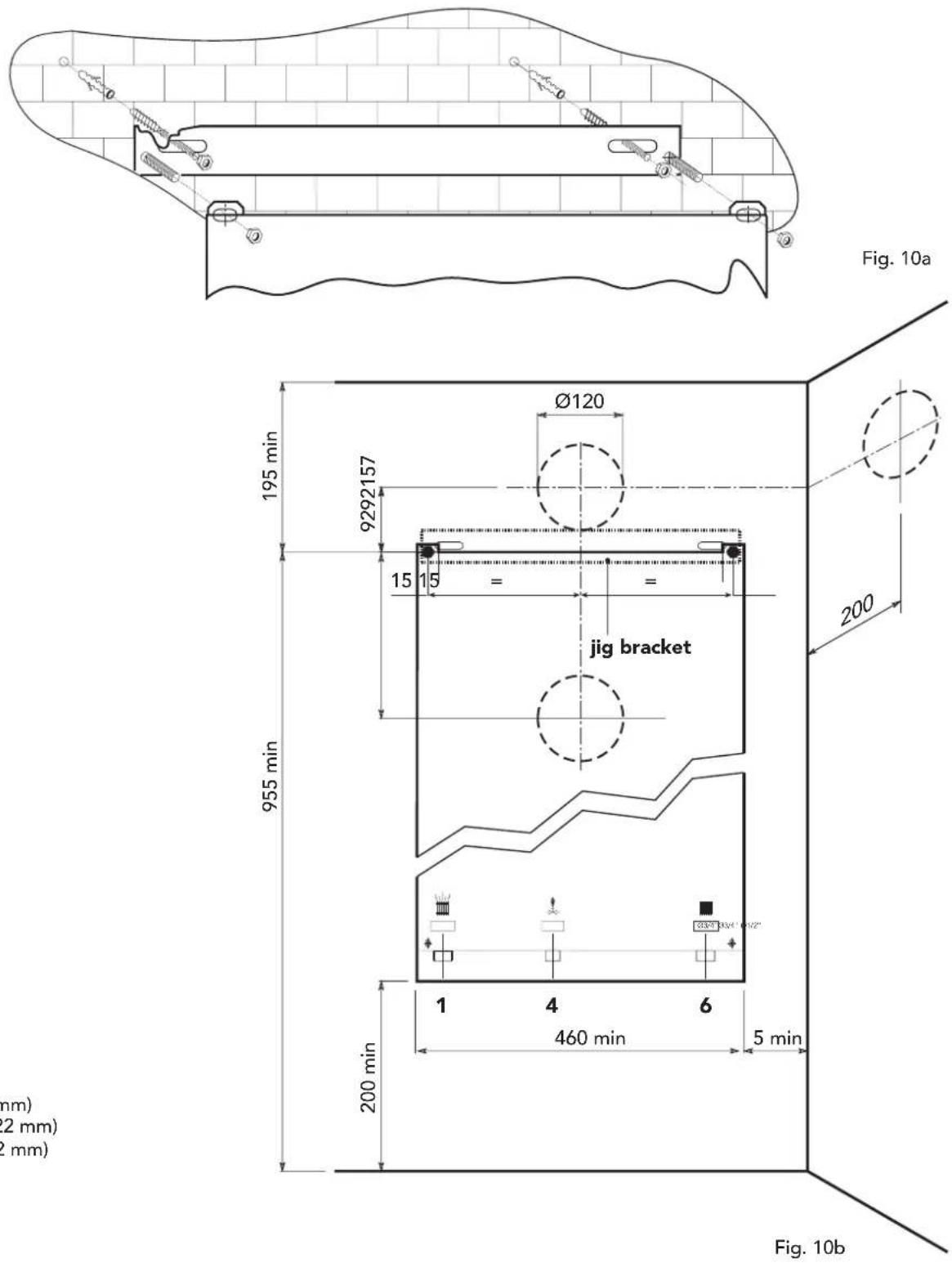 Fig. 10a 195 min Ø120 9292157 15 15 = jig bracket 200 955 min 200 min 1 4 6 460 min 5 min 22 mm) 2 mm) Fig. 10b