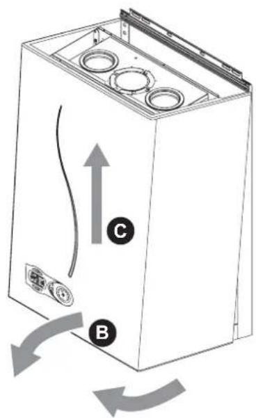 Diagram of a refrigerator with labeled parts and directional arrows indicating circulation or movement