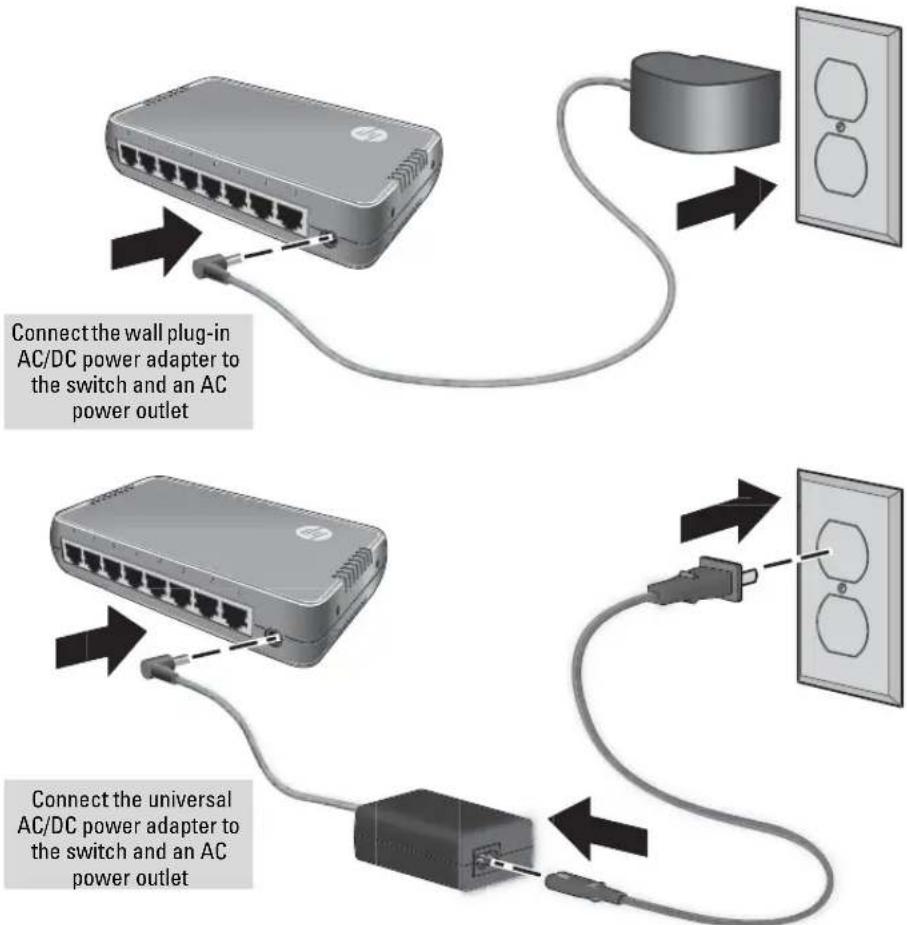 Connect the wall plug-in AC/DC power adapter to the switch and an AC power outlet Connect the universal AC/DC power adapter to the switch and an AC power outlet