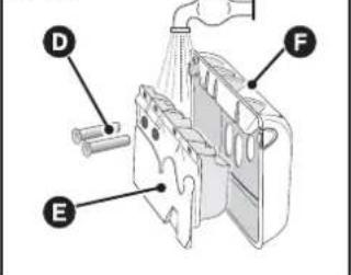 Technical diagram of a mechanical device with labeled parts D, E, and F