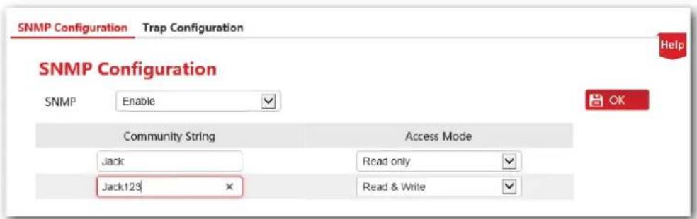 SNMP Configuration Trap Configuration SNMP Configuration SNMP Enable Community String Access Mode Jack Read only Jack123 Read & Write