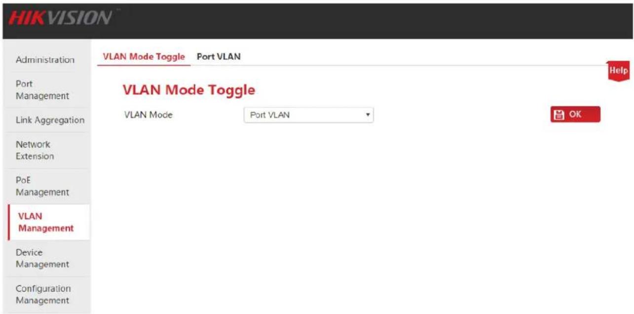 HIKVISION Administration Port Management Link Aggregation Network Extension PoE Management VLAN Management Device Management Configuration Management VLAN Mode Toggle Port VLAN VLAN Mode Tan VLAN Help OK