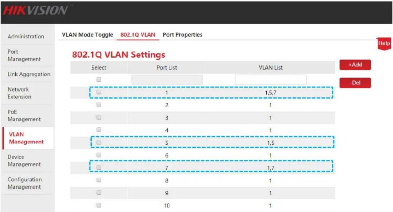 HIKVISION™ Administration VLAN Mode Toggle 802.1Q VLAN Port Properties 802.1Q VLAN Settings Select Port List VLAN List □ + Network 1 1,5,7 Extension 2 1 PoE 3 1 Management 4 1 VLAN 5 1,5 Management 6 1 Device 7 1,7 Management 8 1 Configuration 9 1 Management 10 1 +Add -Del Help
