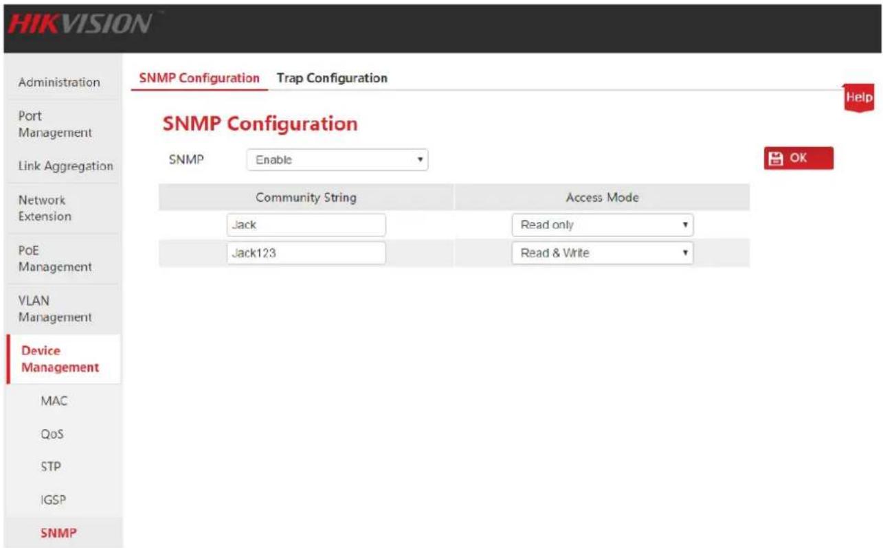 HIKVISION Administration Port Management Link Aggregation Network Extension PoE Management VLAN Management Device Management MAC QoS STP IGSP SNMP SNMP Configuration Trap Configuration SNMP Configuration SNMP Enable Community String Access Mode Jack Read only Jack123 Read & Write OK