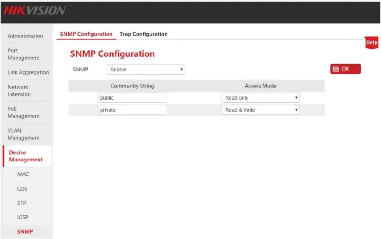 HIKVISION Administration Port Management Link Aggregation Network Extension PoE Management VLAN Management Device Management MAC QoS STP IGSP SNMP SNMP Configuration Trap Configuration SNMP Configuration SNMP Enable Community String Access Mode public Read only private Read & Write OK