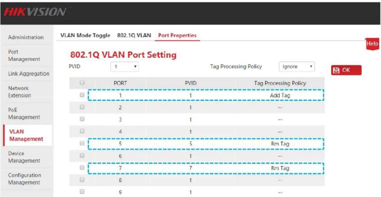 HIKVISION VLAN Mode Toggle 802.1Q VLAN Port Properties 802.1Q VLAN Port Setting PVID 1 Tag Processing Policy Ignore PORT PVID Tag Processing Policy 1 1 Add Tag 2 1 -- 3 1 -- 4 1 -- 5 5 Rm Tag 6 1 -- 7 7 Rm Tag 8 1 -- 9 1 --