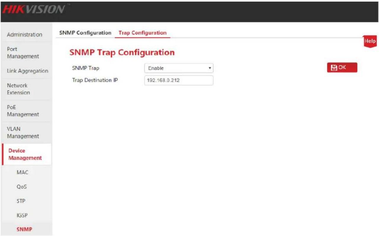 HIKVISION Administration Port Management Link Aggregation Network Extension PoE Management VLAN Management Device Management MAC QoS STP IGSP SNMP SNMP Configuration Trap Configuration SNMP Trap Configuration SNMP Trap Enable Trap Destination IP 192.168.0.212 Help OK