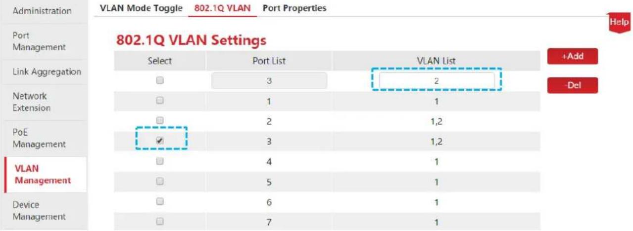 Administration Port Management Link Aggregation Network Extension PoE Management VLAN Management Device Management VLAN Mode Toggle 802.1Q VLAN Port Properties 802.1Q VLAN Settings Select Port List VLAN List +Add 3 2 -Del